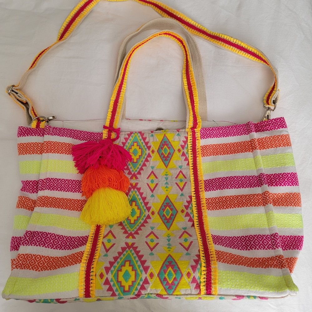 Colorful Striped Tote Bag with Geometric Panel and Tassels